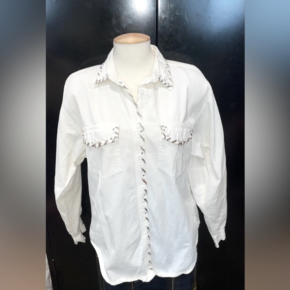 Tops | Vintage Western White Denim Shirt Shacket With Rhinestones And ...